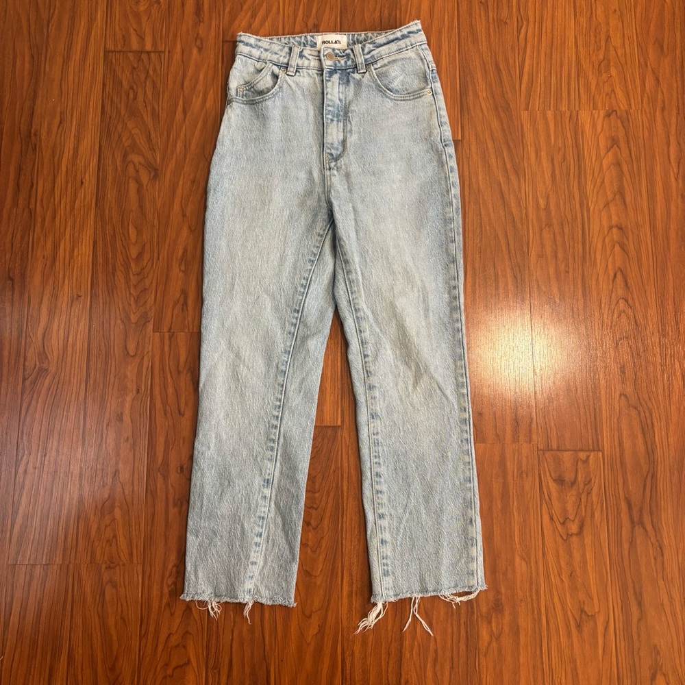 ROLLA’S Dusters High Rise Slim Straight Jeans Womens 24 Light Blue Distressed